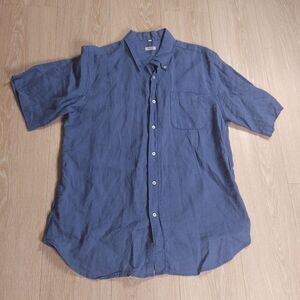 Puro Lino Button Up Shirt Mens Large Blue Linen Short Sleeve Casual Summer
